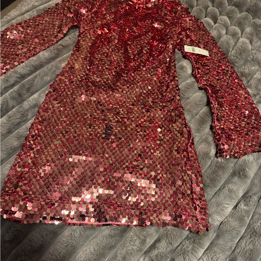 Red and Pink Sequin Sheath Dress with Long Bell Sleeves for Cocktail